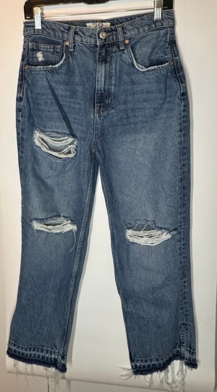 Free People Distressed Straight Leg Jeans Raw Hem Ankle Slit 28